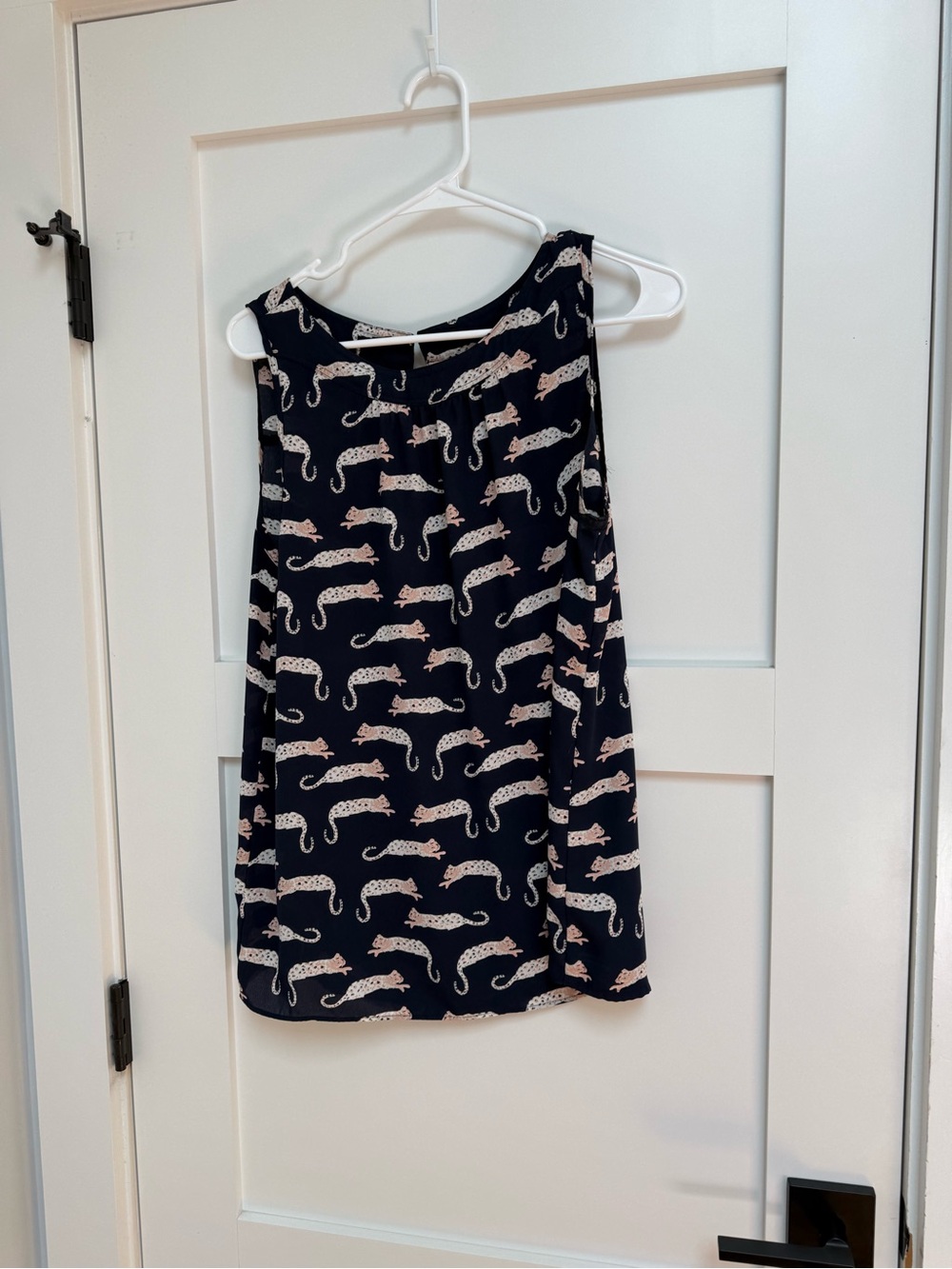 LOFT Navy Sleeveless Top with Pink Leopard Motif